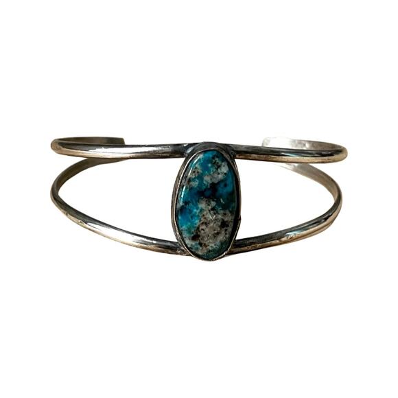 Vintage Sterling Silver and Turquoise Cuff Bracelet, Delicate Turquoise Cuff - Picture 1 of 6
